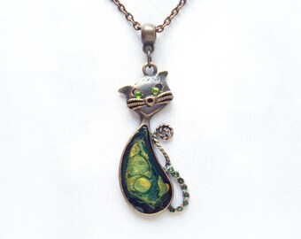 Cat necklace pendant Green necklace Cute cat pendant Cat lovers gift Dark green gold pendant Cat jewelry Wife gift Gift for girlfriend