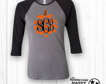 Monogram Chevron Pumpkin, Custom Tote, Thanksgiving Tee, Halloween Shirt, Baseball Tee, Pumpkin Spice, Women's T-shirt, Raglan, Ladies Tee