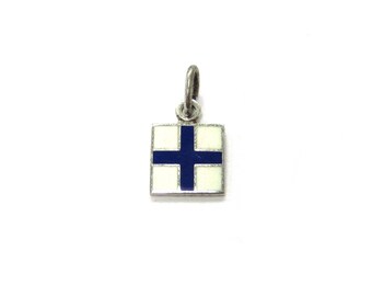 Vintage Sterling Silver International Maritime Signal Flag Xray Blue + White Enameled Nautical Charm