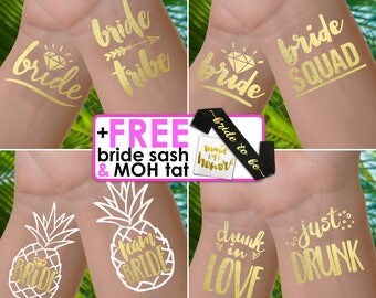 Bachelorette party tattoos | bachelorette tattoos, bride tribe tattoos, bachelorette tattoo, bridesmaid gifts, gold foil tattoos, hen do