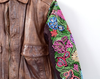 Vintage Leather Jacket with Embroidered Sleeves Mexican Leather Jacket