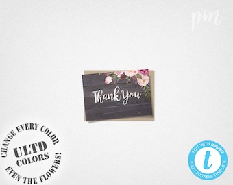 Rustic Floral Thank You Card Template, Barn Wood Wedding Thank You Cards, Printable Rustic Thank You Cards, Instant Download