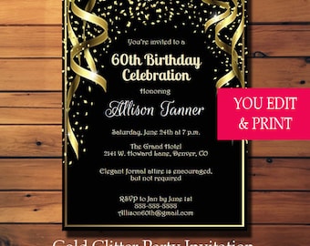 60th Birthday Invitation, 60th Birthday Party Invitation, 60th Invitation, Gold Glitter 60th Birthday Invitation, You Edit PDF