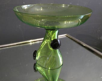 Stunning Green Glass Tazza by Simon Moore - Vintage Art Glass Compte Fruit Bowl