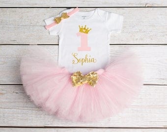 1st Birthday Outfit, First Birthday Outfit, 1st Birthday Onesie, Personalized Onesie, Gold Pink Birthday Tutu, Girls Birthday Princess Tutu
