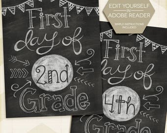 First Day Of School Sign Chalkboard Poster Editable Printable Instant Download 8.5"x11" Any Grade 1st grade 2nd 3rd 4th 5th 6th 7th 8th 9th