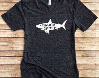 Unisex Tri-Blend V-Neck T-Shirt Mama Shark - Shark T Shirt