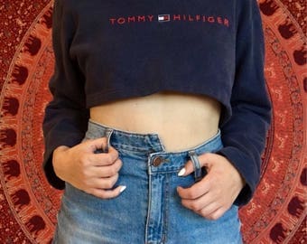 90s Vintage TOMMY HILFIGER crop Longsleeve Tee Aaliyah Baby Girl Sweatshirt Top Navy Blue Red Logo Brand Rare Tommy Girl Women's Small S