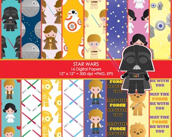 Star Wars, Luke, Leia, Skywalker, Darth Vader, R2D2, C3PO, BB8, Chewbaka, Death Star, Clipart, Digital Paper, Scrapbook, Commercial use