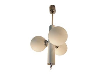 Halverwege de eeuw Chandelier hanger licht SCIOLARI bal witglazen Chrome Koch Lowy Doria Sonneman Stilnovo Mazzega ruimte leeftijd Sputnik
