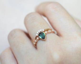 18k Vintage Rose Gold Engagement Ring Green Tourmaline Wedding Ring Sets Ring Gemstone Engagement Ring 14k Crown Antique Emerald Ring