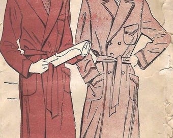 Vintage 1940's Sewing Pattern Men's Dressing Gown Robe WWII Pockets M C 38"- 40"