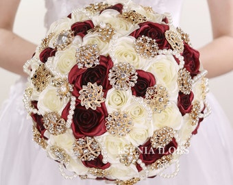 Gold and Burgundy Bouquet, Brooch Bouquet, Broach Bouquet, Ivory Marsala Bouquet, Bridal Bouquet, Fabric Wedding Bouquet, Crystal bouquet