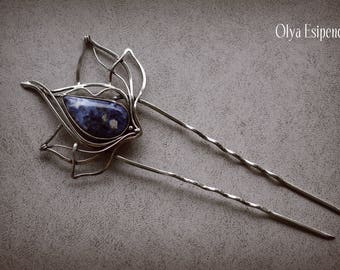 Sodalite gemstone jewelry Bridal comb Hair slide Garden greenery botanical spring floral diy forest wedding Bridesmaid blue hair pin clip