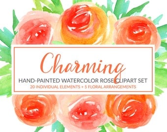 Orange Rose Floral Clipart, Watercolor Flower Clipart, Hand Painted Roses Clip Art, Scrapbook, Commercial Use, PNG