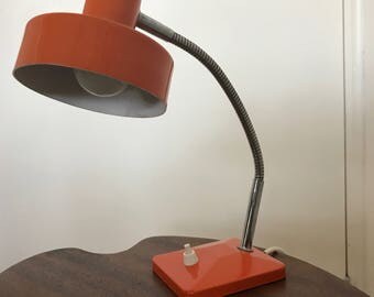 Vintage 1960's French re-wired desk lamp, mid-century office light, articulated metal, Orange enamel