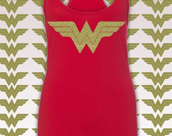 Wonder Woman Shirt. Wonder Woman Tank Top. Running Tank Top. Wonder Woman Marathon Gold Shimmer WW Logo. Costume. Workout Tank Top. S - 2XL.