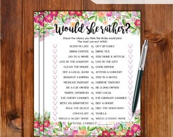 Would She Rather Bridal Shower Game - Flowers Theme Printable Bridal Shower Game - Bachelorette Party Night - Hen Party Game FW76