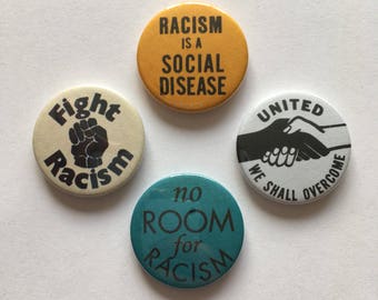 Set of 4 Anti-Racist Antifa Equality Black Rights Vintage Style Pin Badges