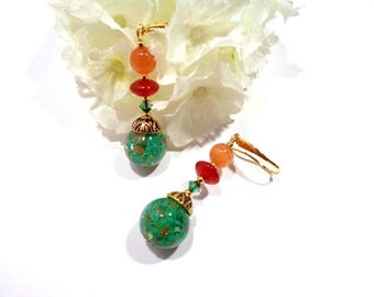 Fashion design earrings, gold / emerald green / orange, gold-sand lampwork - cat'seye - opaque glass beads, elegant design earring hooks
