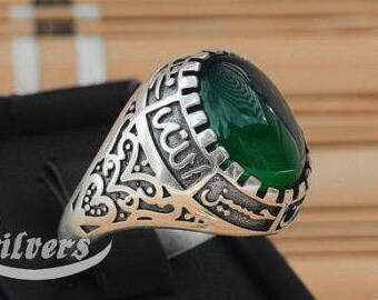 Floral Men Ring Natural green Carnelian Agate Aqeeq akik sterling silver 925 arabian yemeni agate ahlulbayt ehlibeyt ya hossein shia
