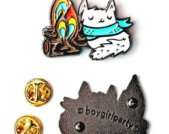 enamel cat pin enamel pin, camping jewelry, campfire camp fire, cat enamel pin, summer camp, adventure gifts, white cat jewelry camping pins