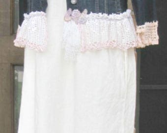 Upcycled ladies large jean jacket with vintage lace and crochet