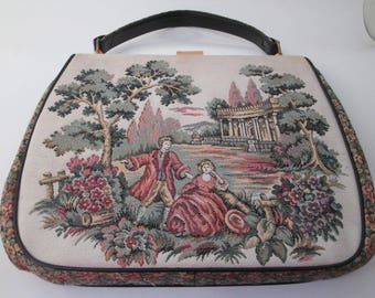 Vintage Tapestry Bag, Carpet Bag, La Marquise, Large Handbags, petit point purse, tapestry purse, Italian handbags, flower purse, garden
