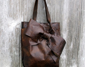 Leather Bow Tote Bag in Dark Chocolate Old World Leather by Stacy Leigh