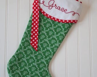 Christmas Stocking Personalized, Christmas Stocking Quilted, Green Christmas Bells, Hand Embroidered Stocking, Embroidered Stocking,