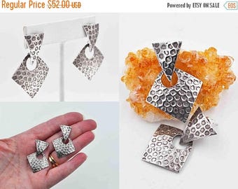 ON SALE Vintage Taxco Sterling Silver Door Knocker Pierced Earrings, Mexico, Hammered, Pebbled, Geometric, Dangle, Drop, Dazzling! #c167