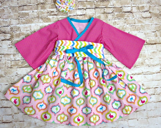 Little Girls Easter Dress - Easter Bunny - Toddler Spring Dress - Toddler Photo Dress - Girls Kimono Dress - 1st Easter - 12 mo to 14 yrs