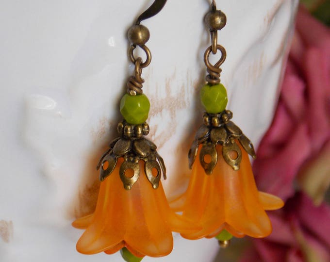 Orange Earrings Tulip Flower Bell Lucite Earrings Filigree Brass Czech Glass Green Chartreuse Papaya Floral Earrings Light Gift For her