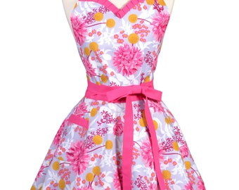 Sweetheart Pinup Apron - Joel Dewberry Pink Lavender Floral Retro Womans Vintage Inspired Flirty Kitchen Apron (DP)
