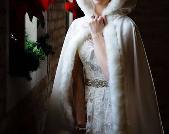 Bridal Cape Medium-length-cape 37-inch Ivory / Ivory Satin with Fur trim Wedding Cloak Handmade in USA