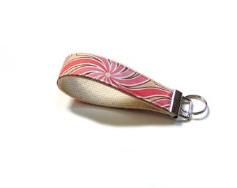 Key chain wristlet, key fob wristlet, wrist lanyard, key holder, cotton fabric keychain, pink beige, girls key fob gift under 10