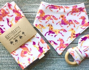 Pink Horses Baby Bib - Bandana Bib - Burp Cloth - Teething Ring - Gift Set - Cowboy Cowgirl - Western Style - Rancher Style - Wild Horses