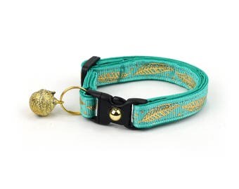 Feather Cat Collar - Metallic Gold Feathers on Turquoise - Small Cat / Kitten Size or Large Size - Woodland - Boho - Teal