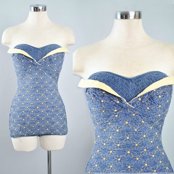 Vintage 50s EMBROIDERED Swimsuit / 1950s Denim Blue Cotton