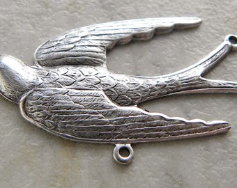 Sparrow Bird Charm 3 Link Connector, Antique Silver, Large 40mm x 20mm, 4 Pieces