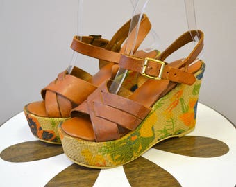 1970s Jute and Leather Wedge Sandals
