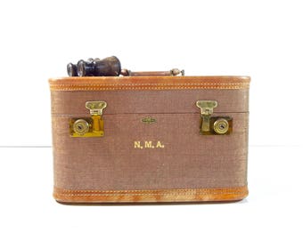 Vintage Tweed Train Case / Brown Tweed Striped Suitcase / Vintage Luggage