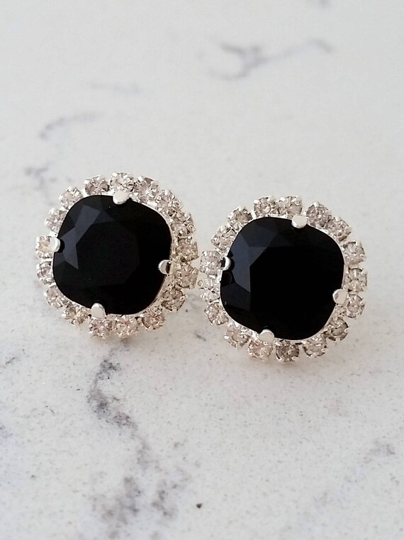 Black crystal stud earrings Bridal earrings black rhinestone