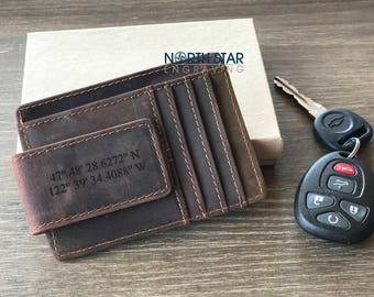Mens Leather Wallet, Personalized Wallet, Money Clip wallet, Custom Money Clip, Coordinates Money Clip, Mens Personalized Leather Money Clip