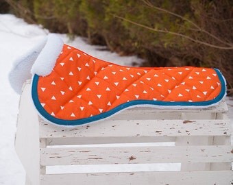 Ready to Ship Half Pad All Purpose Faux Sheepskin Fleece- Orange and Denim Blue Triangles - Mod // Retro // Vintage