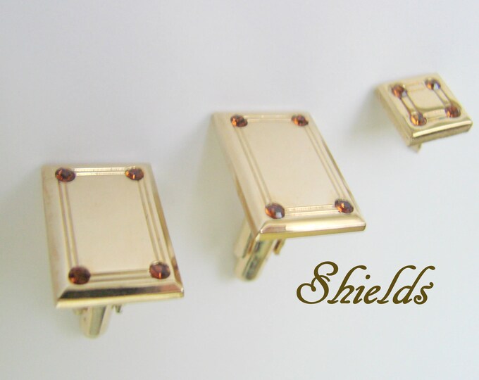 Modernist Vintage Designer Signed Shields Cuff Links & Tie Tack / Topaz Rhinestones / Wedding / Mens Dress Set / Suit Accessories