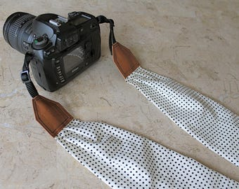 BEST SELLER - Little Dots Scarf Camera Strap, Cross Body Strap, Silver Clasps or Nylon Ends, Customizable Camera Strap