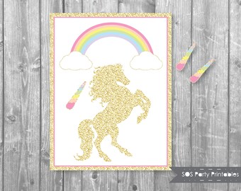 Pin the Horn on the Unicorn, Glitter Unicorn Game, Rainbow, Magical Unicorn Birthday, Printable Party Game, Unicorn Birthday Activity