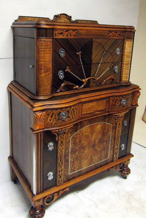 Art Nouveau Highboy Gentleman's Chest of Drawers with two side compartments