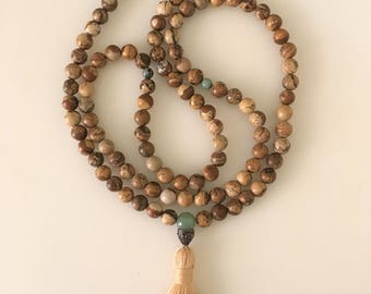 Picture Jasper Mala Necklace with Tassel 108 Beads